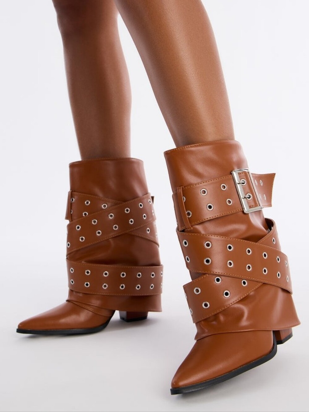 Tan Leather Buckle & Grommet Wrap Ankle Boots